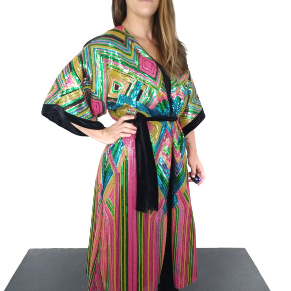 Kimono Dark Pink/Blue  geometric sequin with Velvet trim